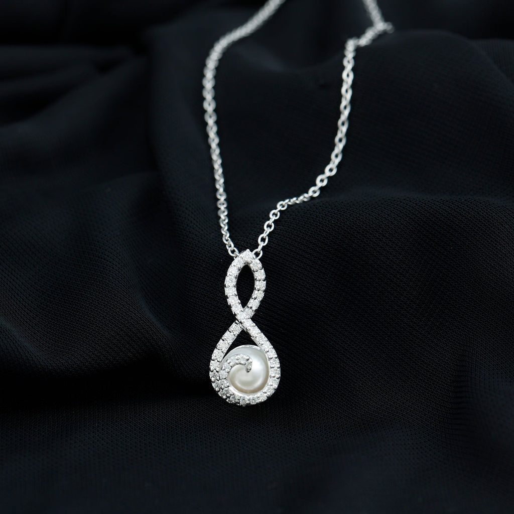 Freshwater White Pearl and Moissanite Infinity Pendant in Silver