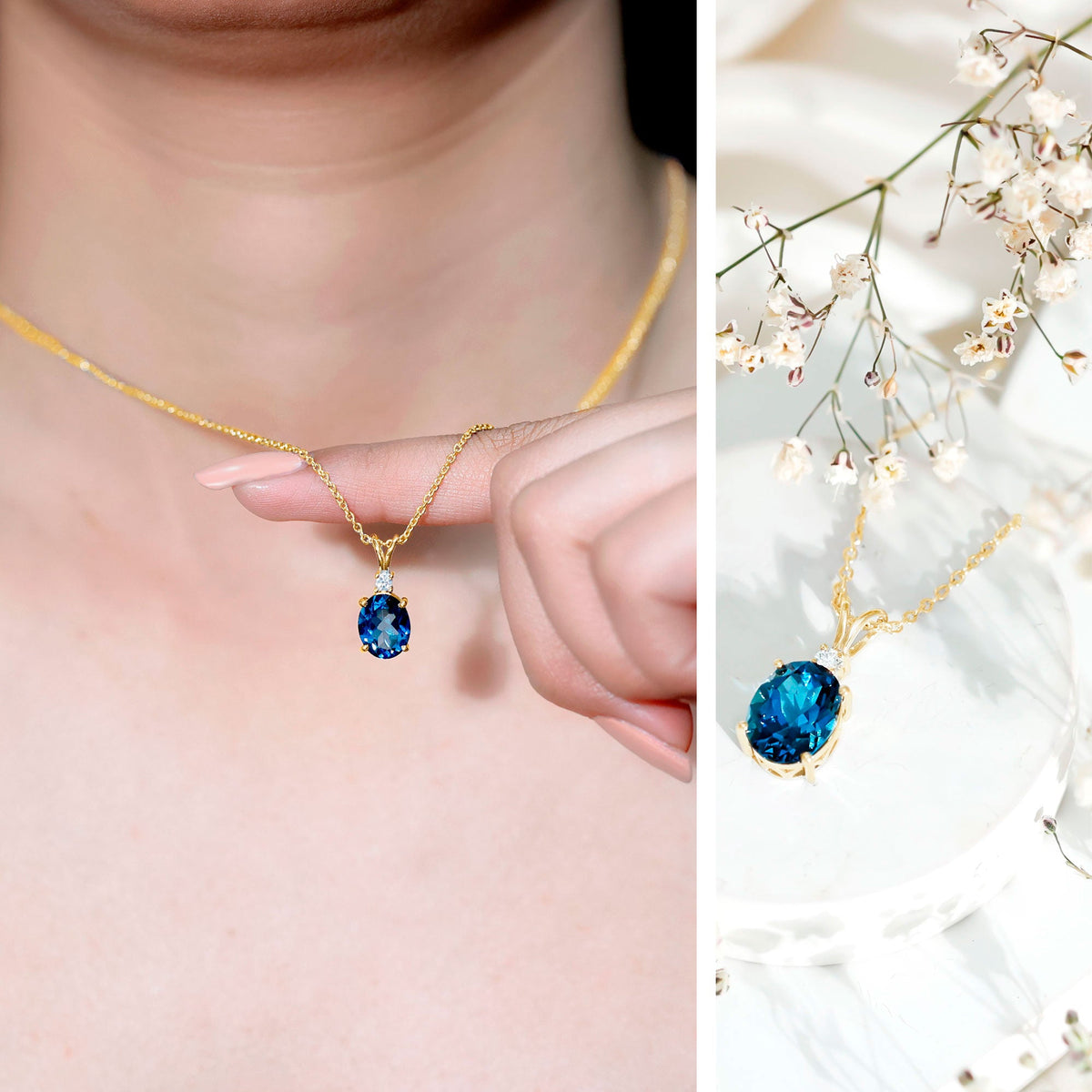 Genuine London Blue Topaz Solitaire Necklace with Chain