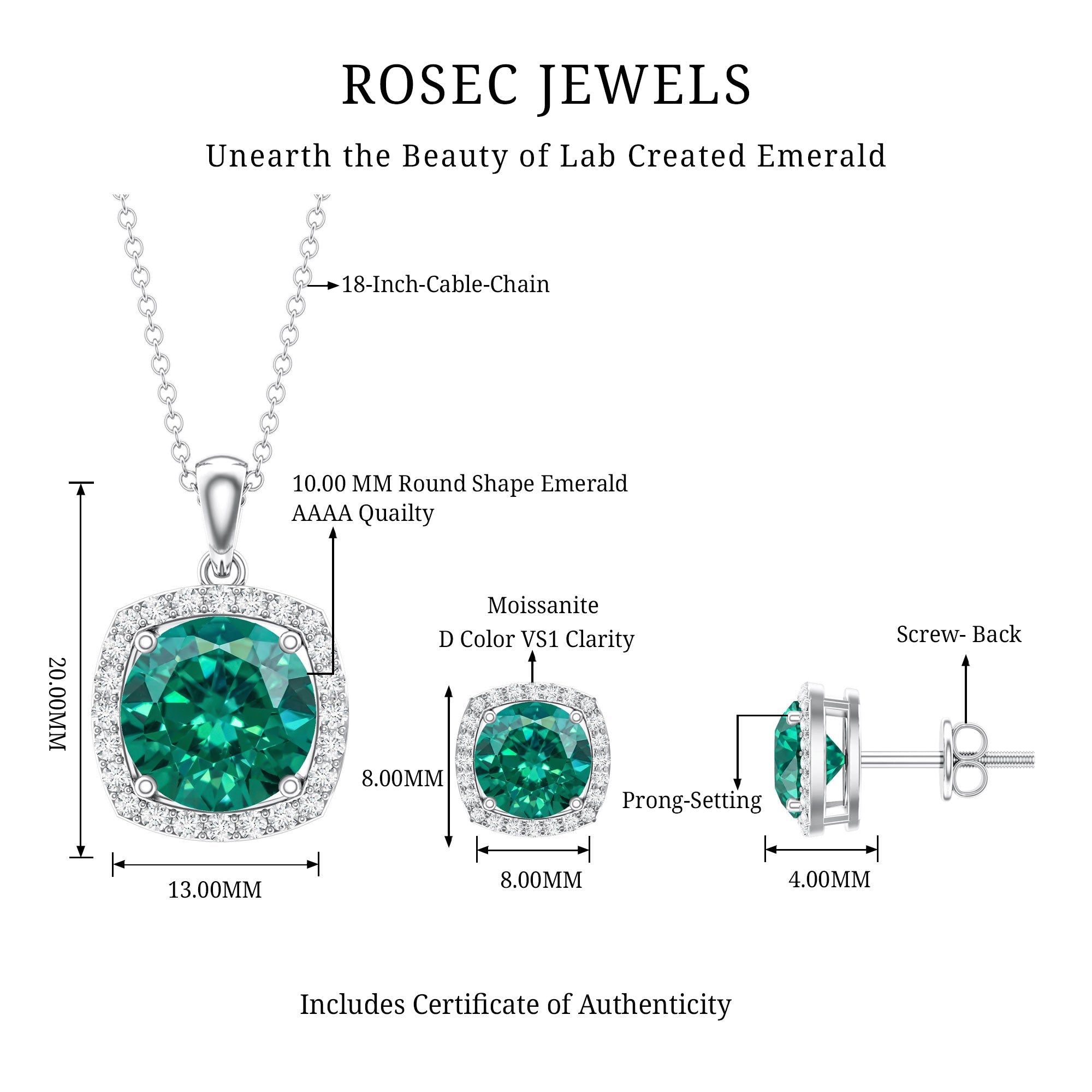 Certified Lab Grown Emerald Necklace and Earring Set for Women