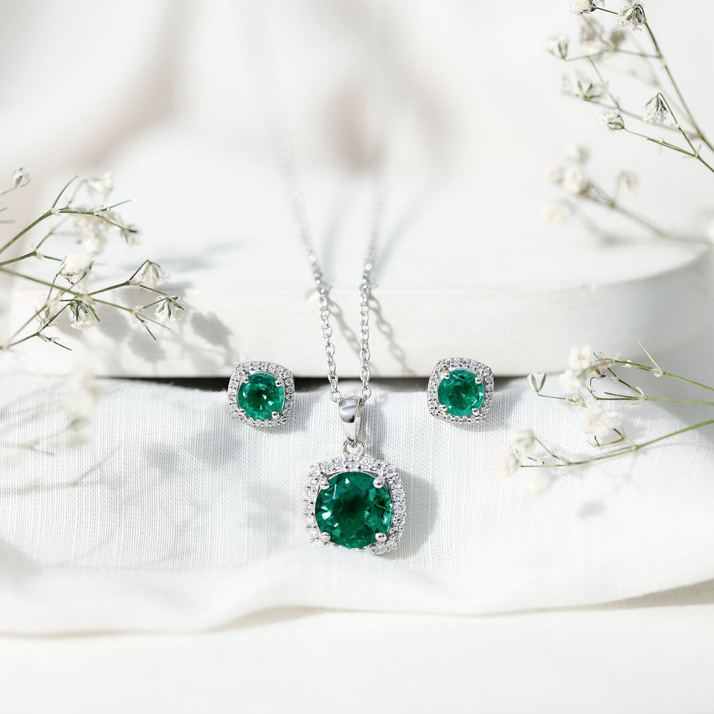 Certified Lab Grown Emerald Necklace and Earring Set for Women