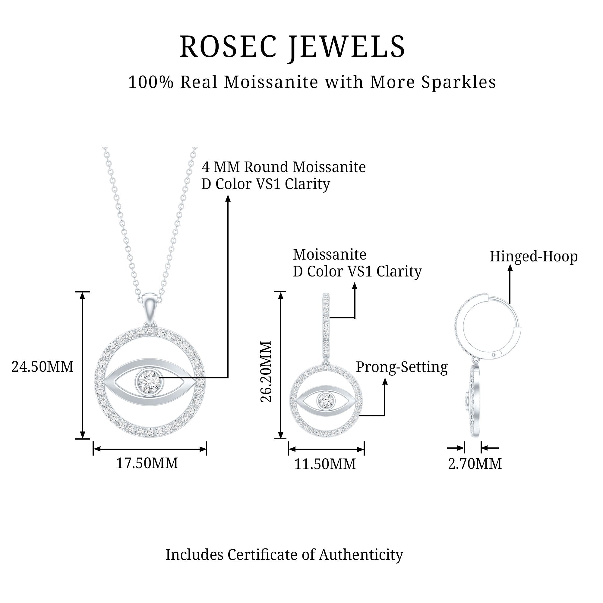 Certified Moissanite Evil Eye Necklace and Earrings Set