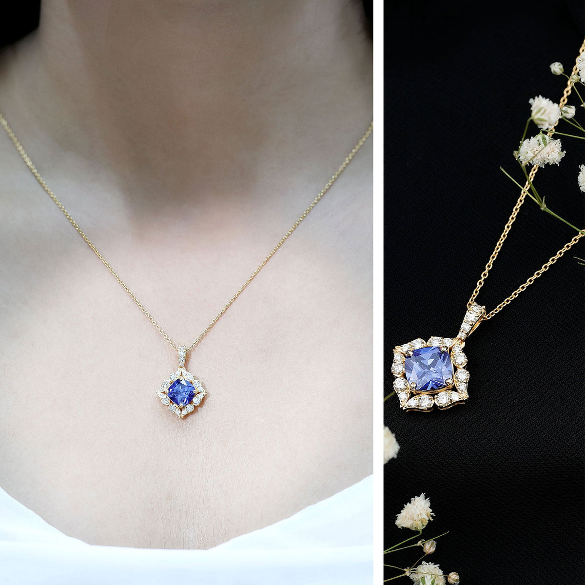 Vintage Inspired Lab Grown Blue Sapphire and Diamond Necklace