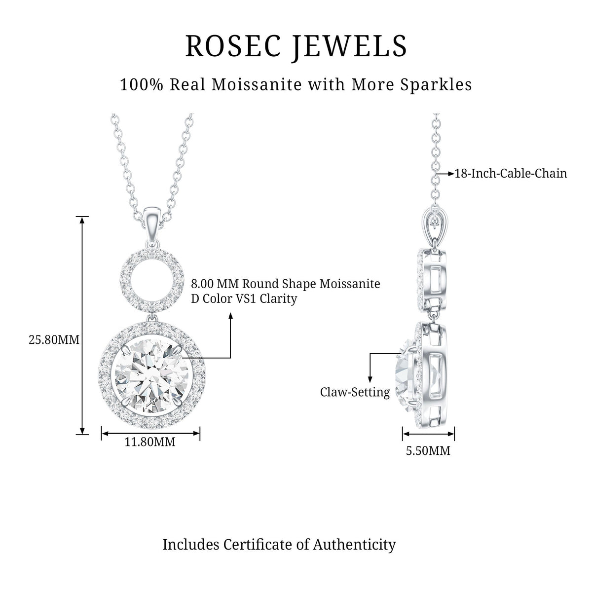 2 Carat Round Moissanite Wedding Dangle Necklace with Halo