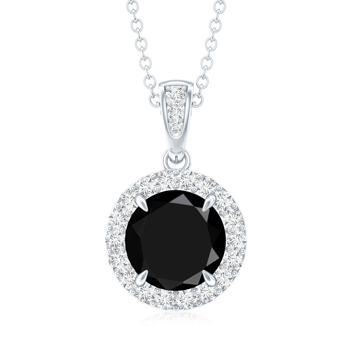 Real 2 Carat Black Onyx Pendant Necklace with Diamond Halo