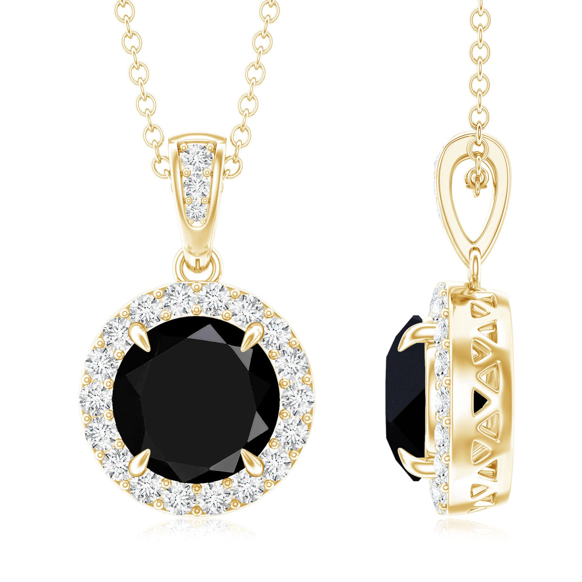 Real 2 Carat Black Onyx Pendant Necklace with Diamond Halo