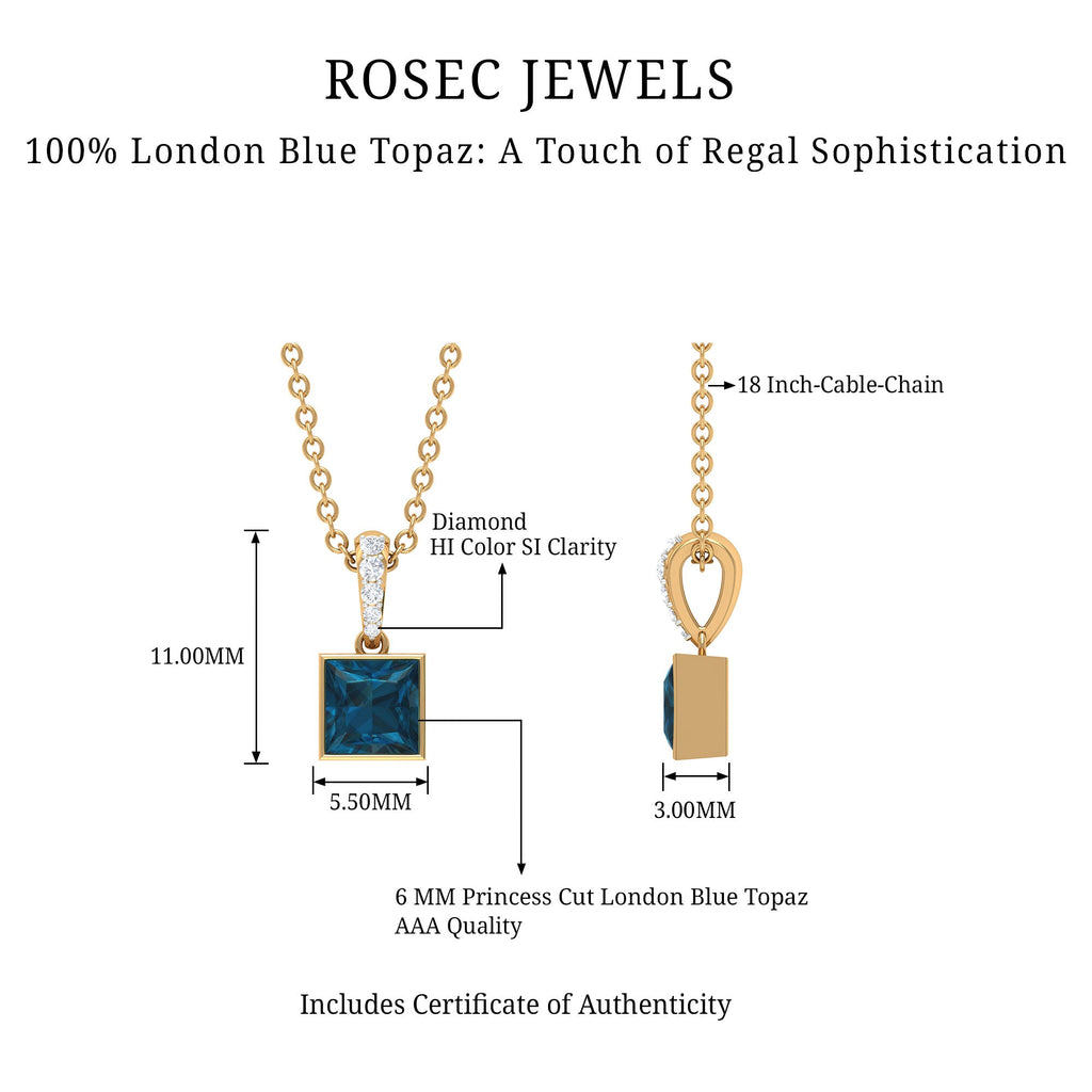 1 Carat Princess Cut London Blue Topaz Pendant with Diamond