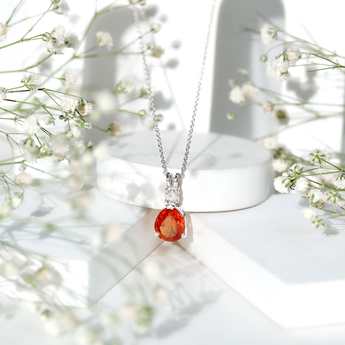 3.3 Carat Lab Created Orange Sapphire Teardrop Necklace with Diamond