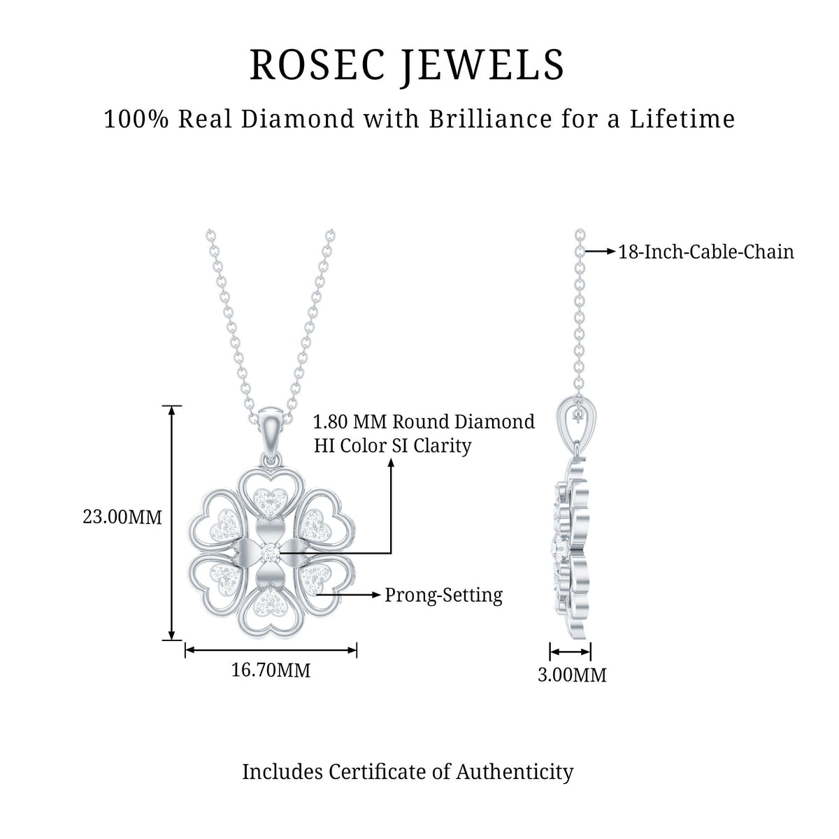 Natural Diamond Heart Flower Pendant Necklace