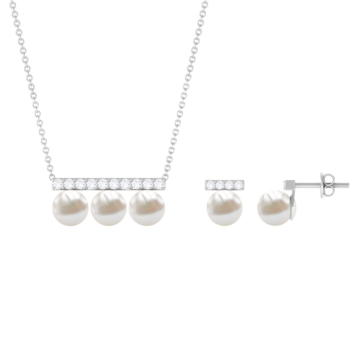 Freshwater Pearl Classic Three Stone Bar jewelry Set with Diamond