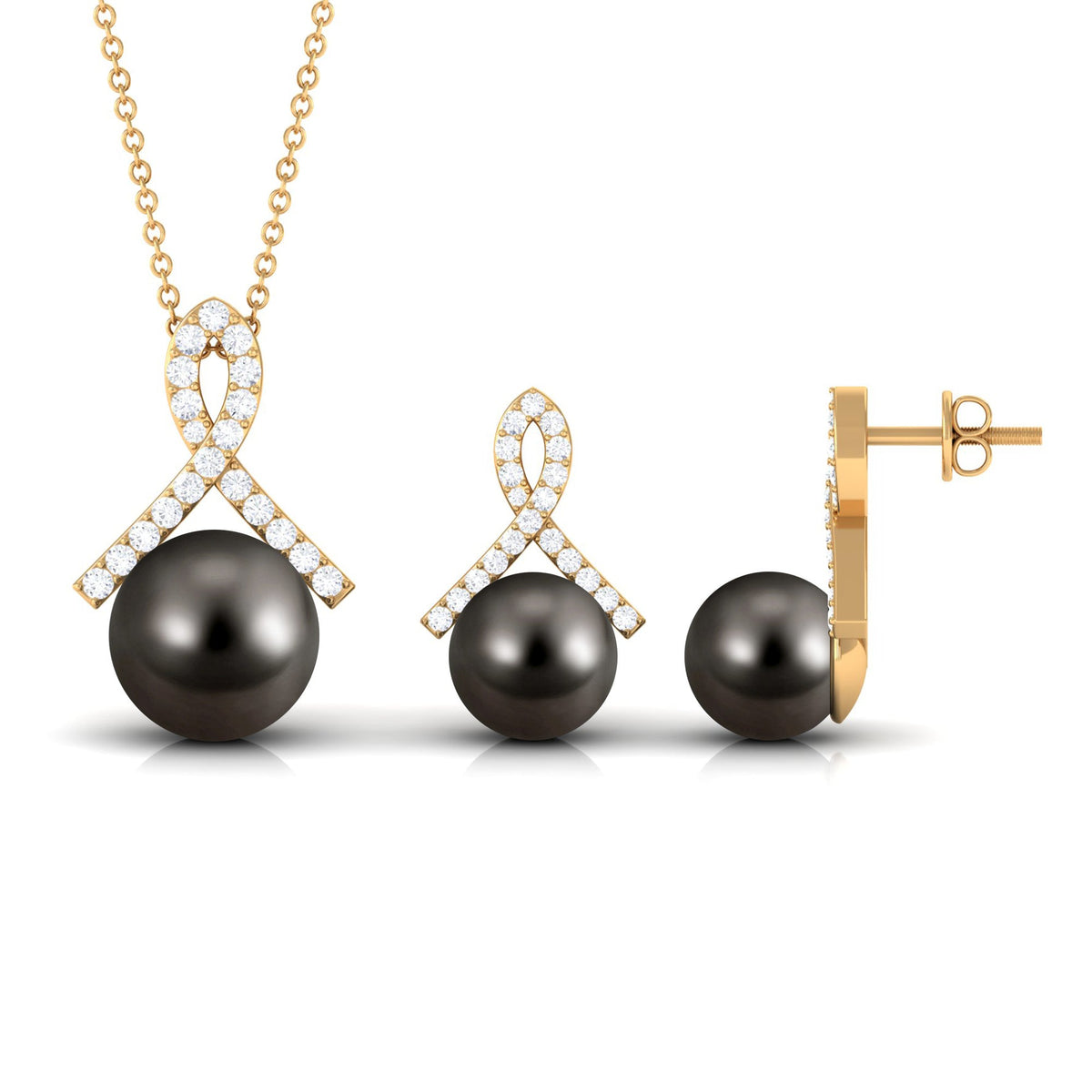 Solitaire Tahitian Pearl Pendant and Earrings Set with Diamond