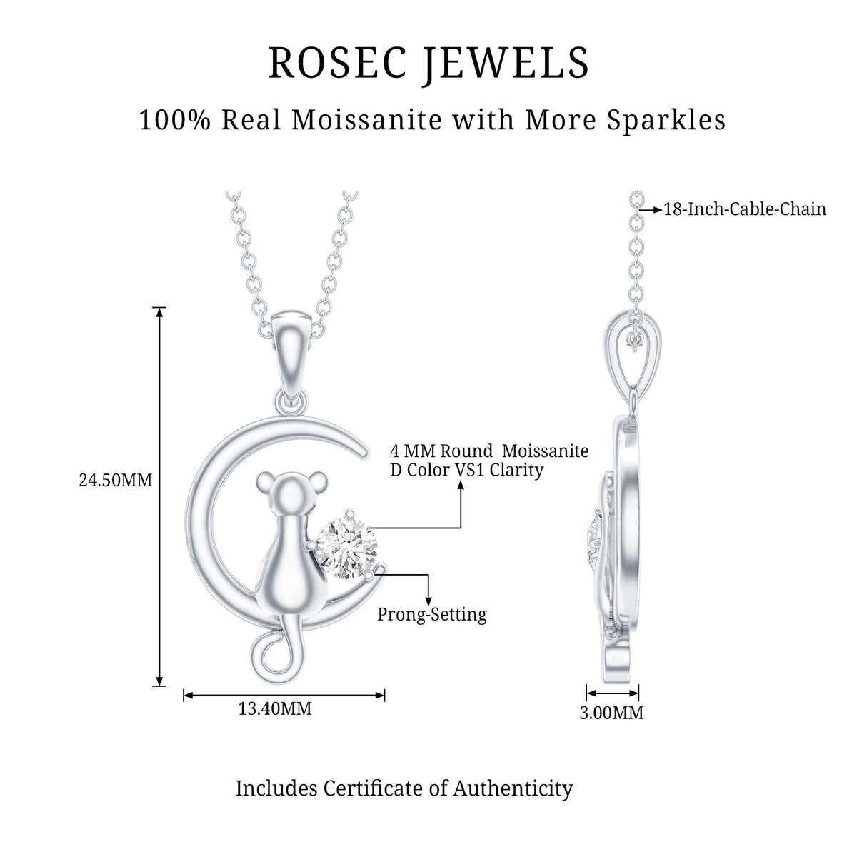Certified Moissanite Cat and Moon Pendant