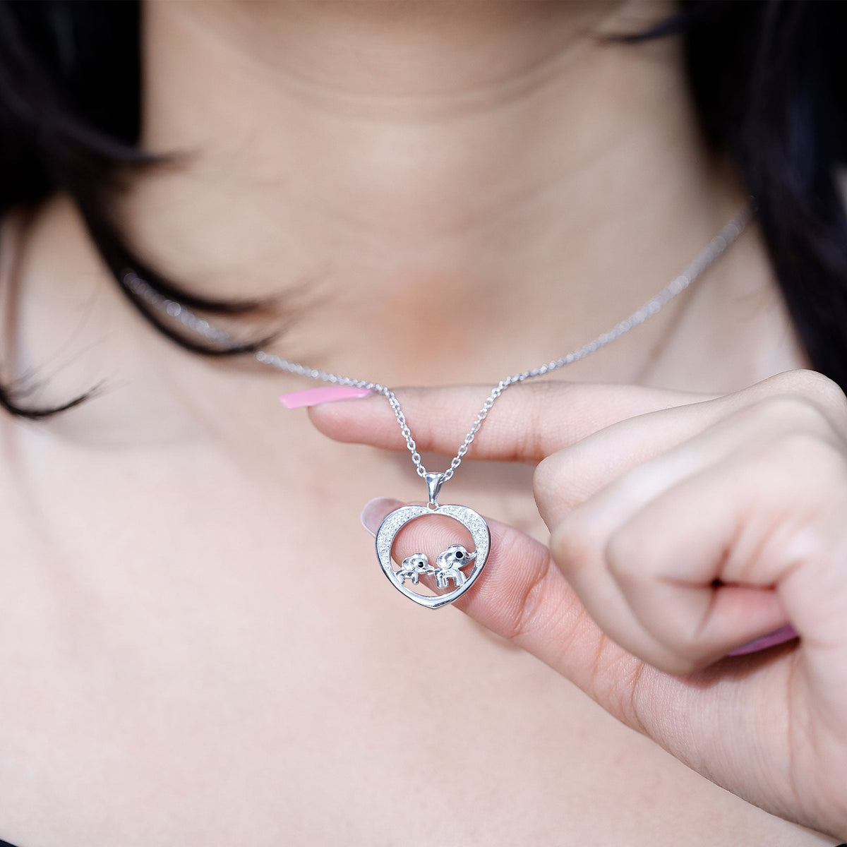 Diamond Elephant Mother Child Necklace