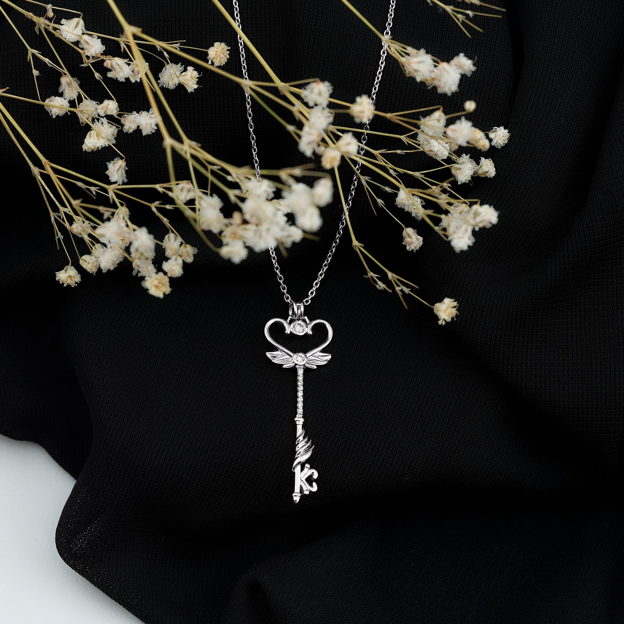 Diamond Key Necklace with Angel Wings