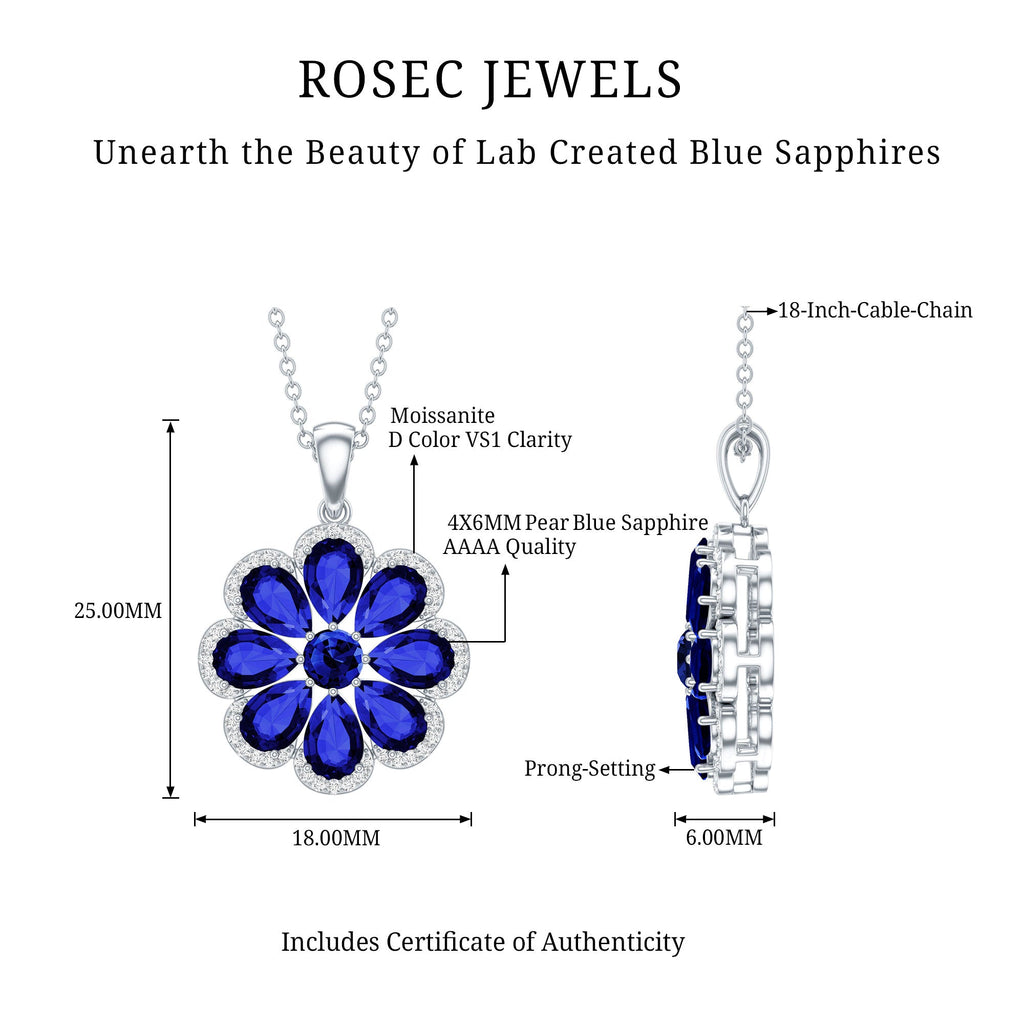 Lab Created Blue Sapphire Flower Necklace with Moissanite Halo