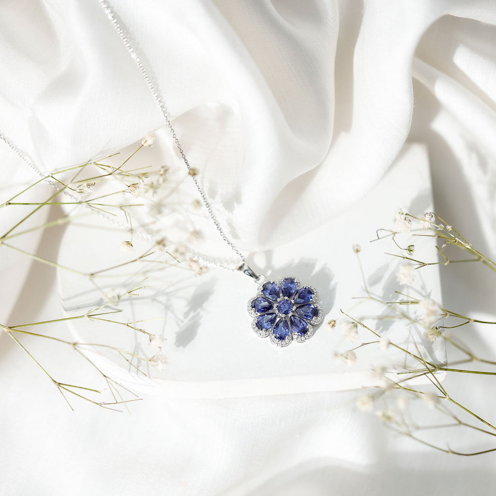 Lab Created Blue Sapphire Flower Necklace with Moissanite Halo
