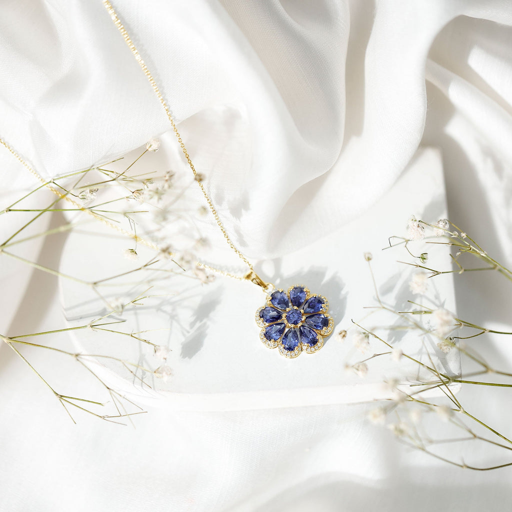 Lab Created Blue Sapphire Flower Necklace with Moissanite Halo