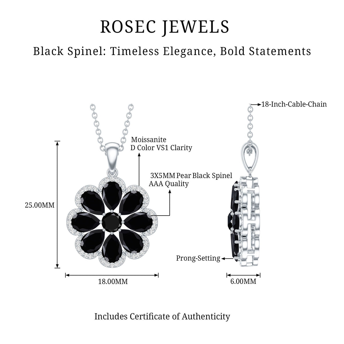 Certified Black Spinel Flower Necklace with Moissanite Halo