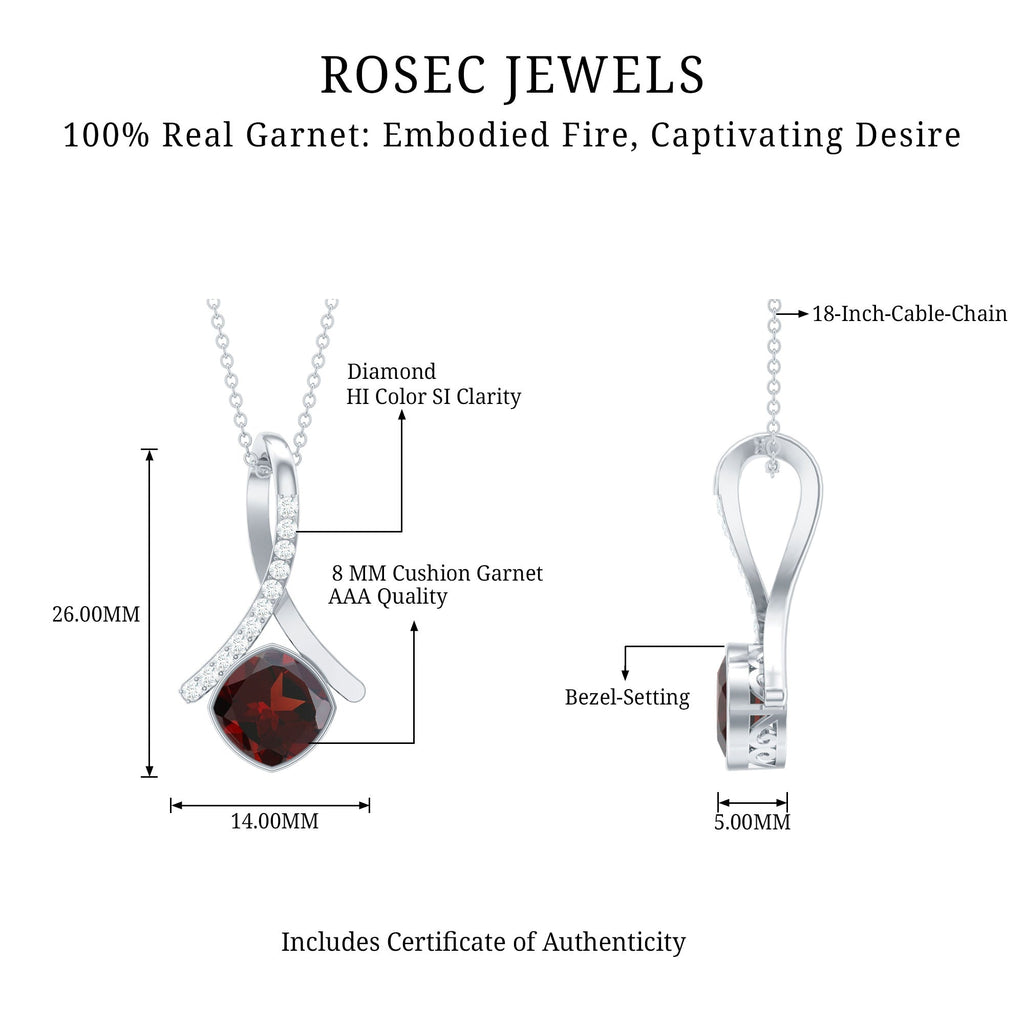 3.2 Carat Cushion Cut Garnet Solitaire Pendant with Diamond Twisted Bail