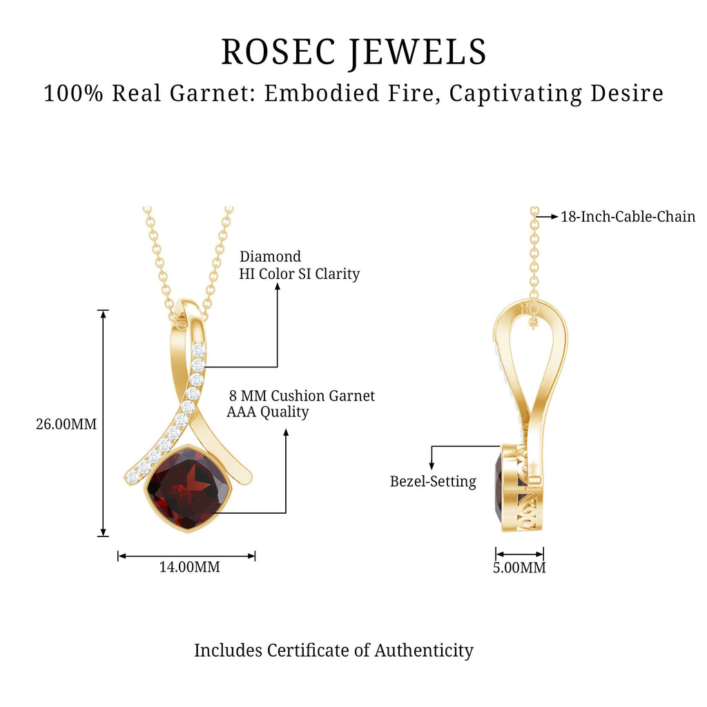3.2 Carat Cushion Cut Garnet Solitaire Pendant with Diamond Twisted Bail