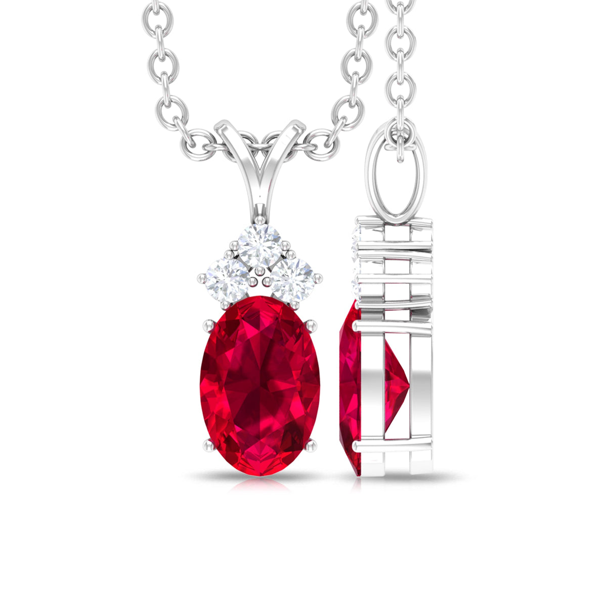 Oval Lab Created Ruby Pendant with Diamond trio