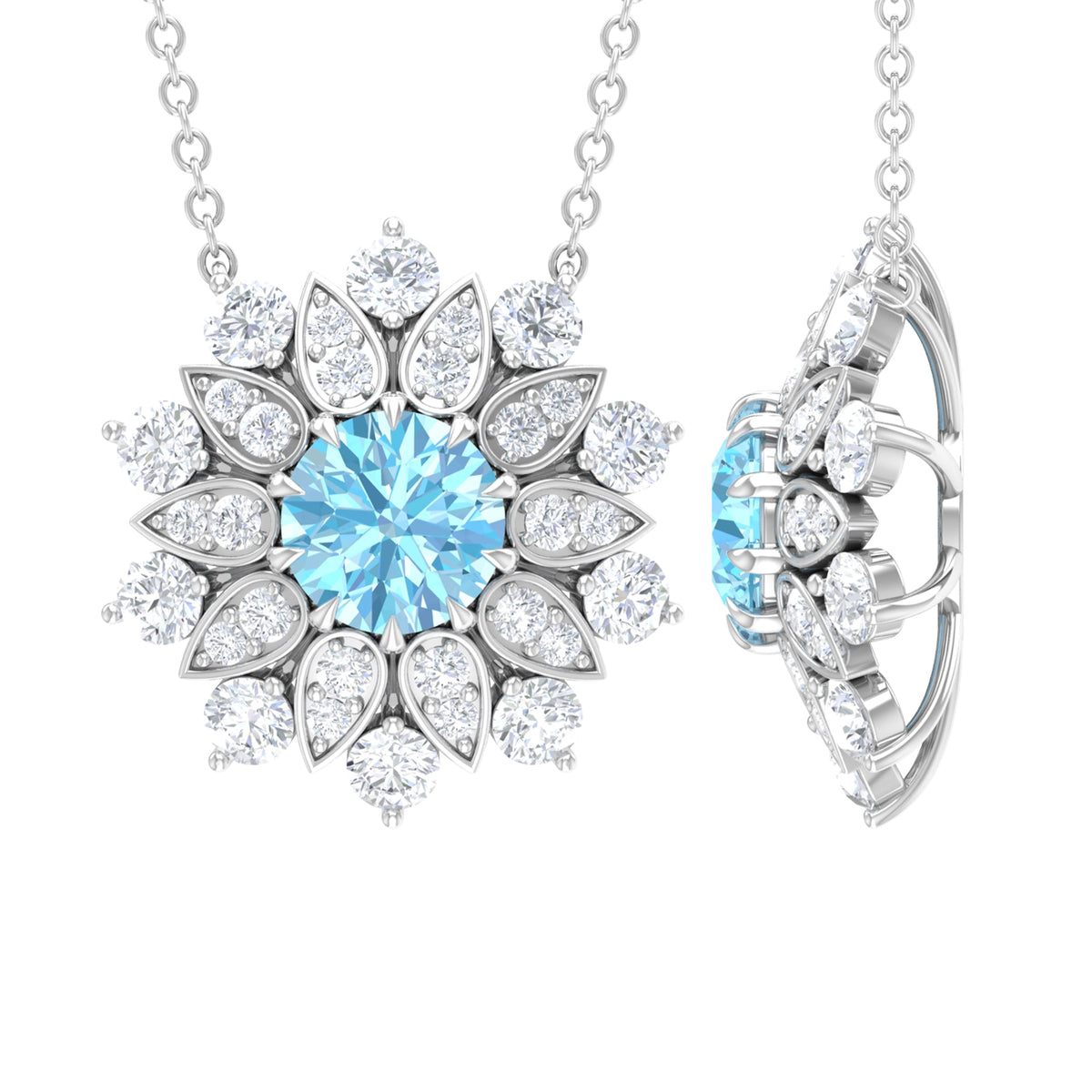 Certified Real Aquamarine Statement Flower Necklace with Moissanite