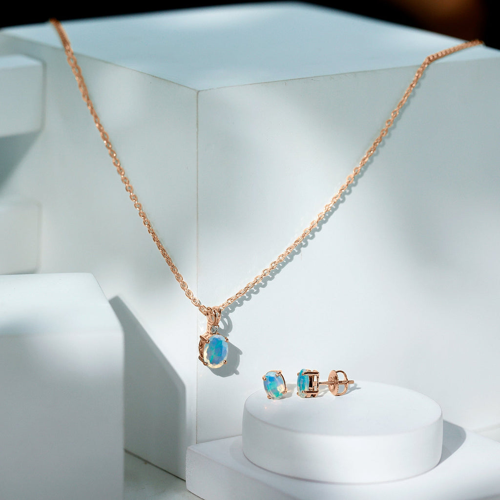 Real 3 Carat Oval Shaped Ethiopian Opal Solitaire Necklace Earrings Set with Diamond