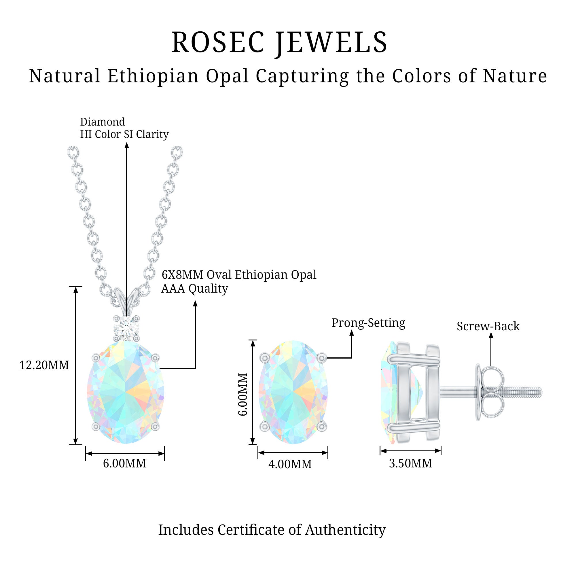 Real 3 Carat Oval Shaped Ethiopian Opal Solitaire Necklace Earrings Set with Diamond