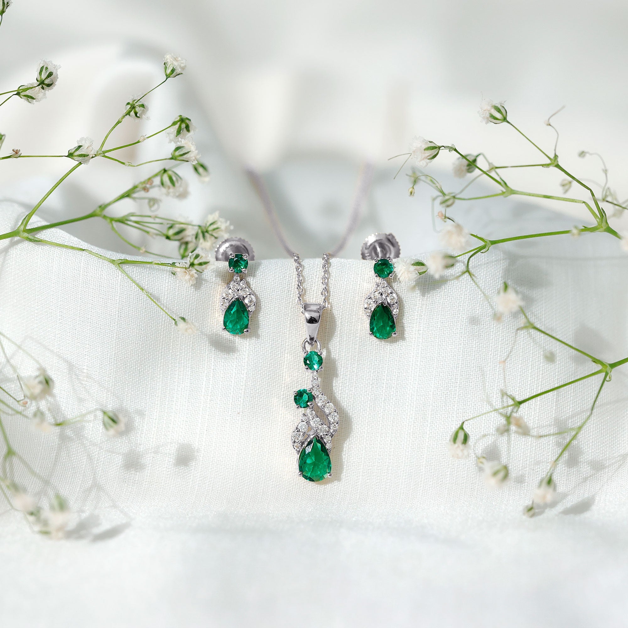 Lab Created Emerald and Diamond Designer Jewelry Set