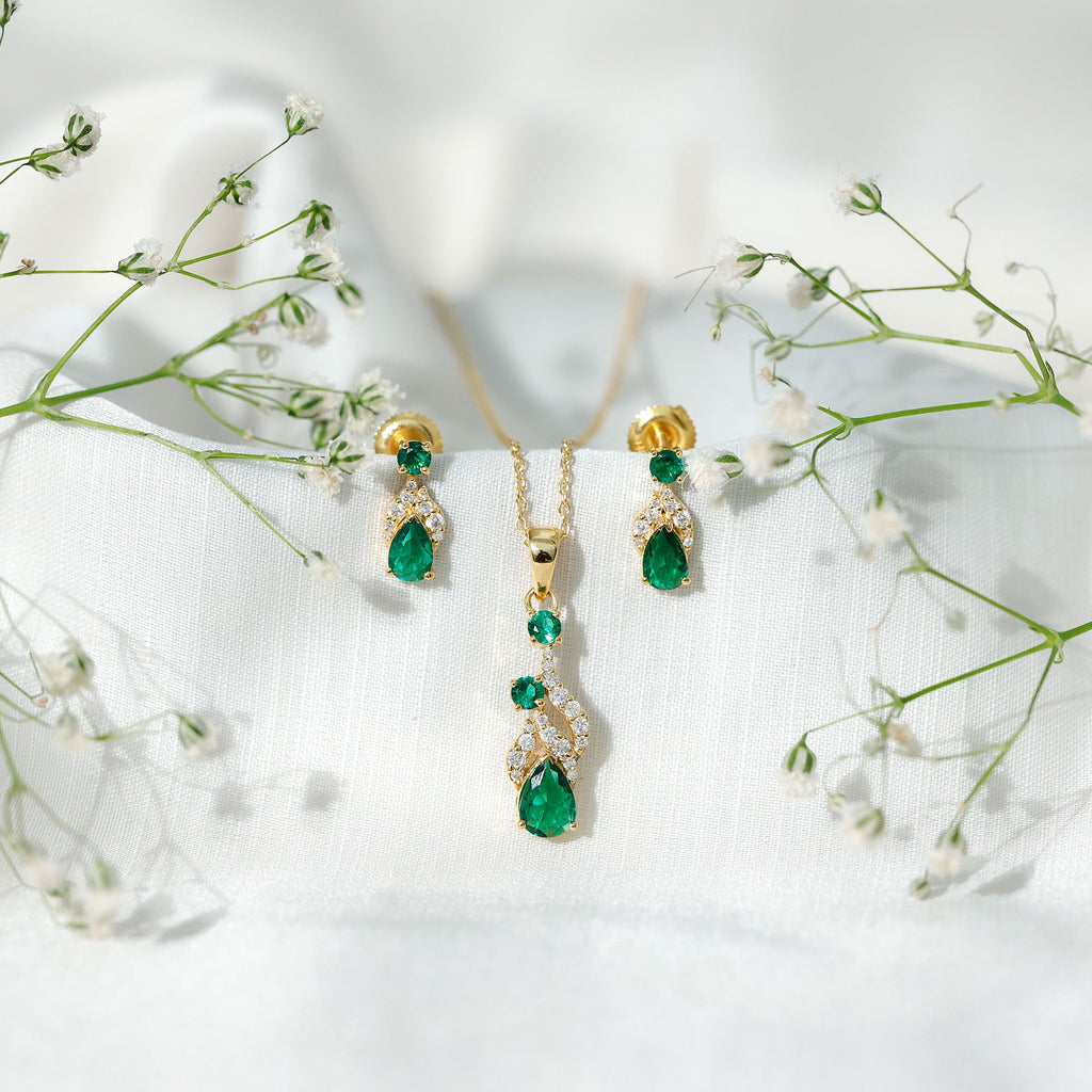 Lab Created Emerald and Diamond Designer Jewelry Set