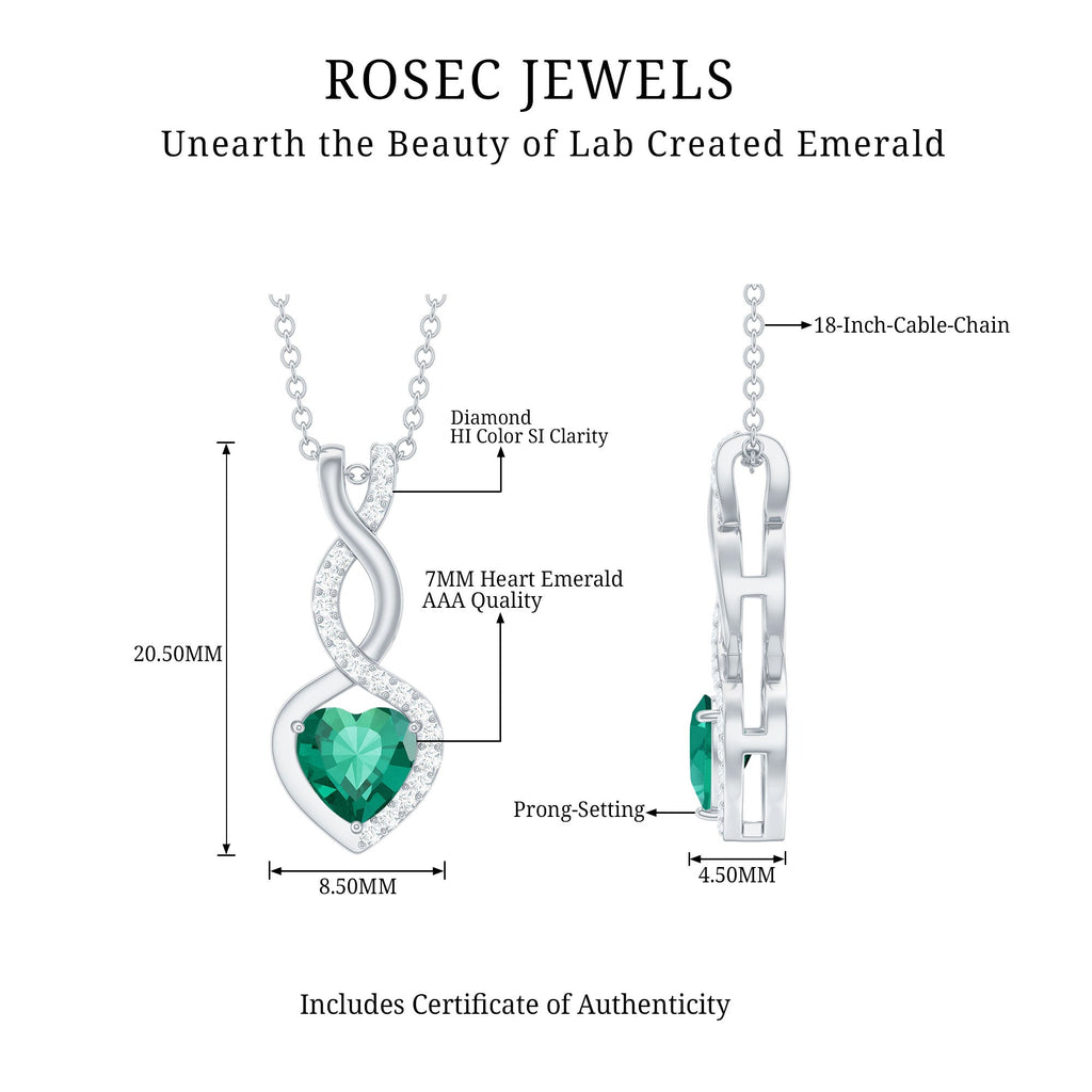 Certified 1.3 Carat Lab Grown Emerald Infinity Heart Pendant Necklace with Diamond