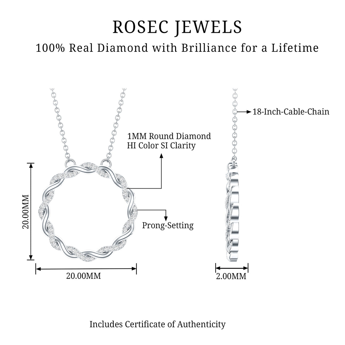 Diamond Twisted Eternity Necklace in Pave Setting