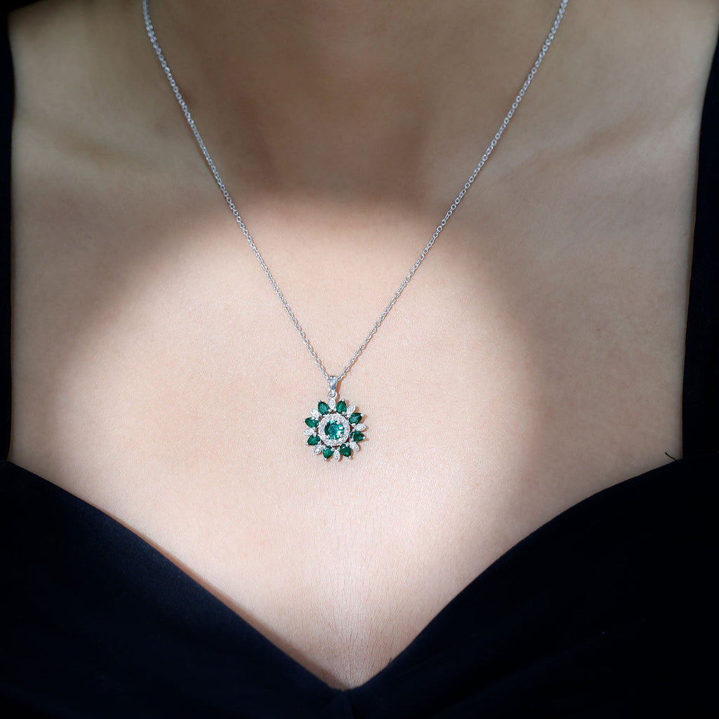 Lab Created Emerald and Diamond Flower Necklace