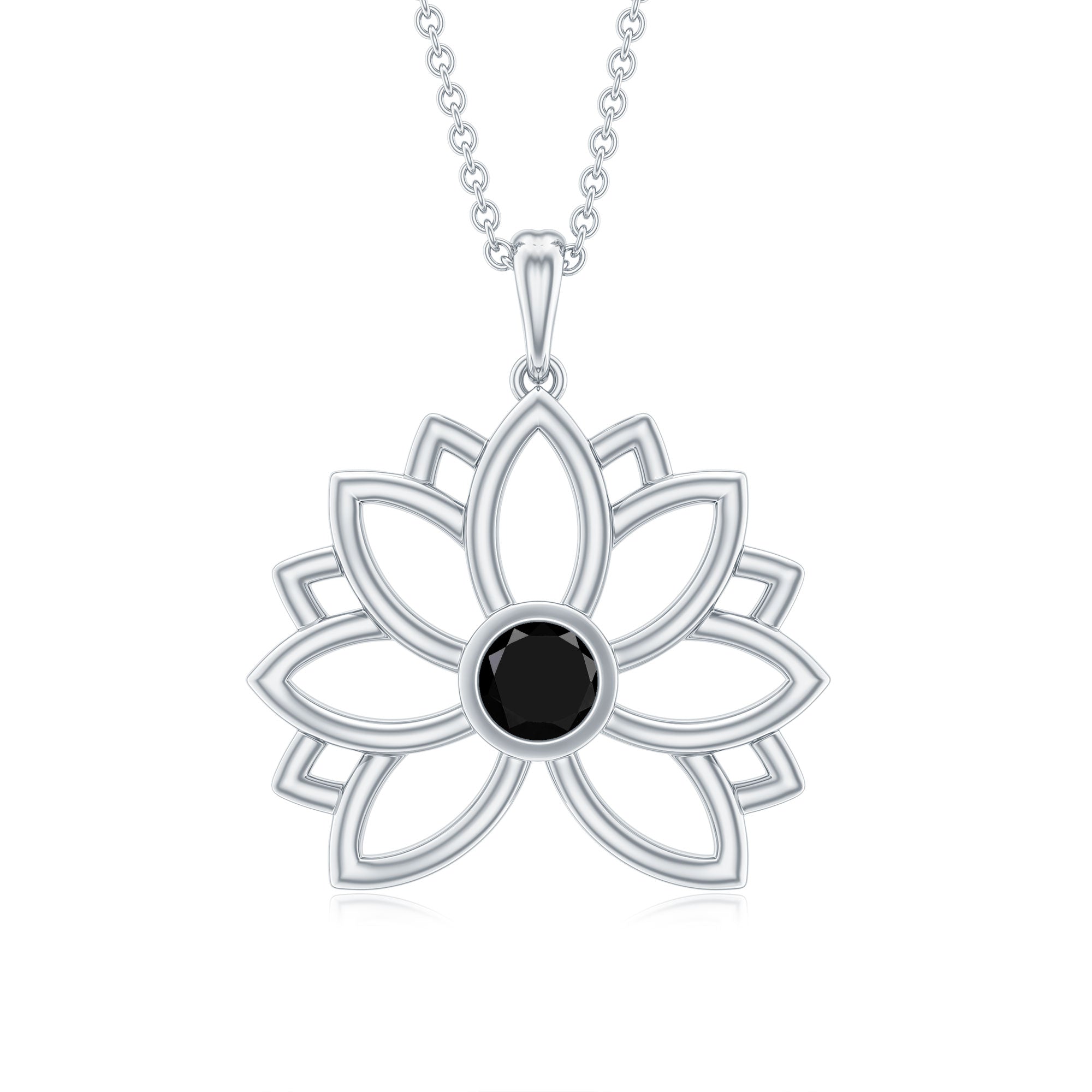 Bezel Set Lab Grown Black Diamond Lotus Flower Necklace