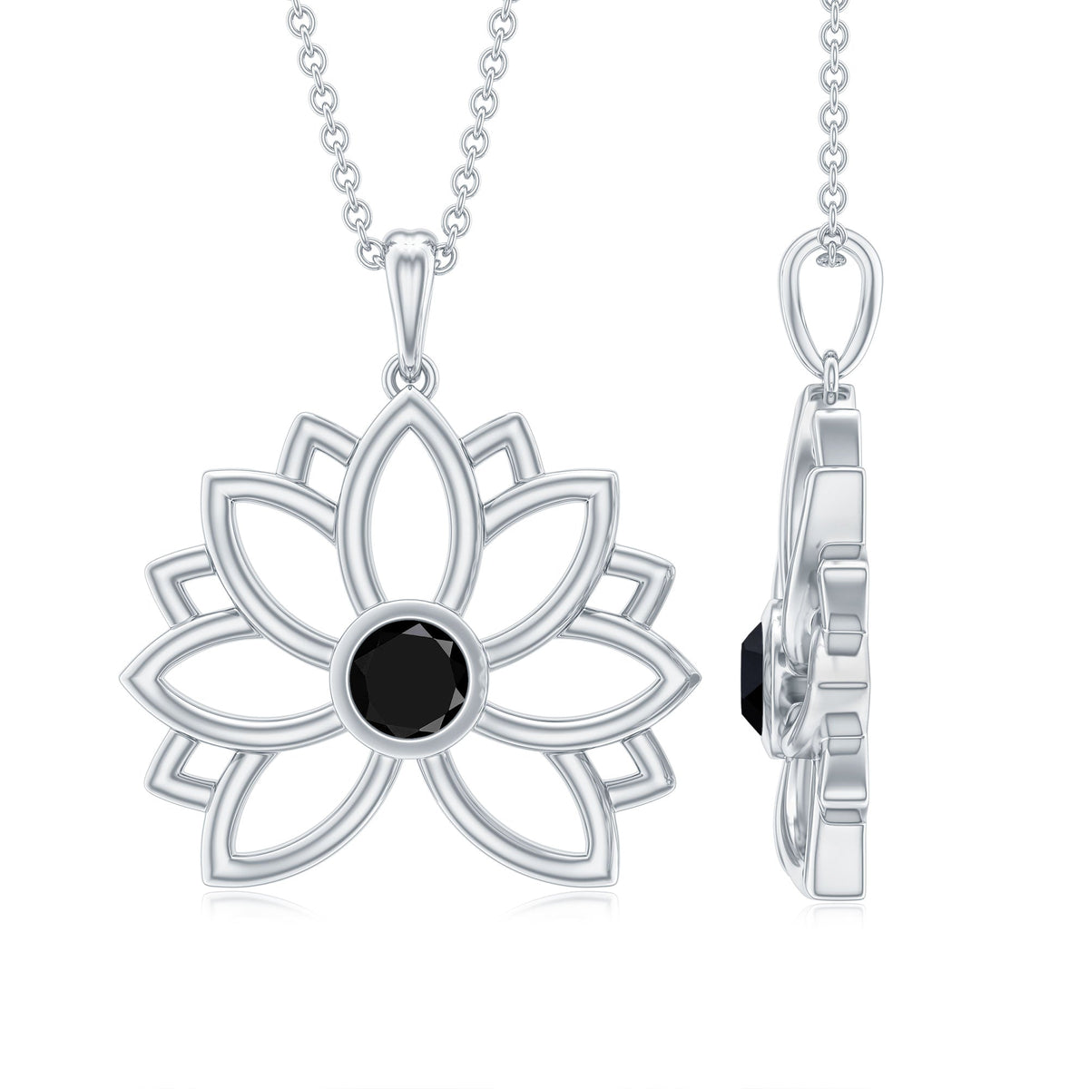 Bezel Set Lab Grown Black Diamond Lotus Flower Necklace