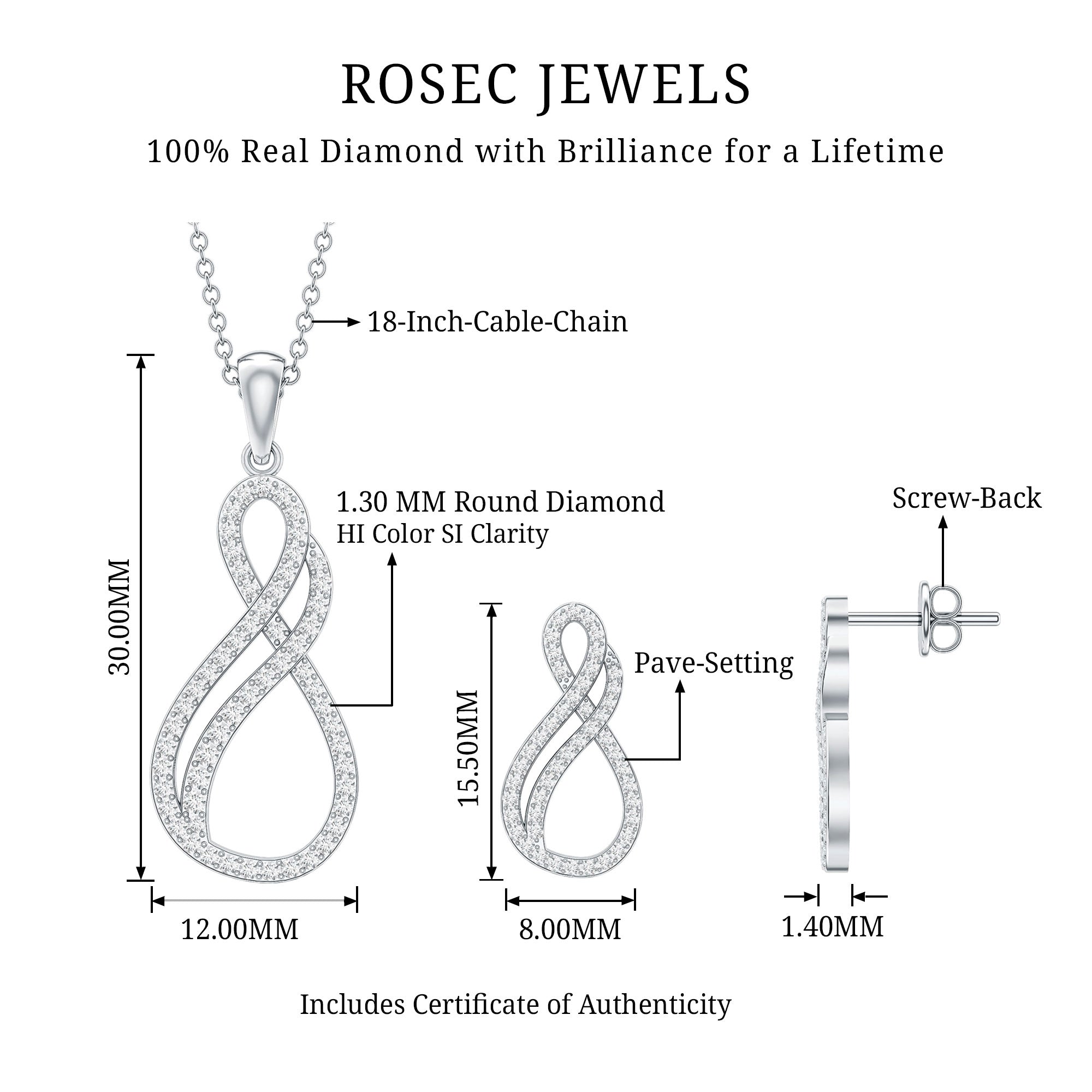 Diamond Infinity Necklace Earrings Set For Women
