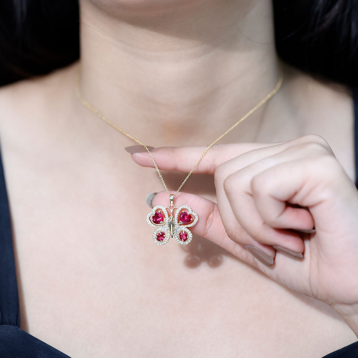 Certified Created Ruby Butterfly Pendant Necklace with Moissanite