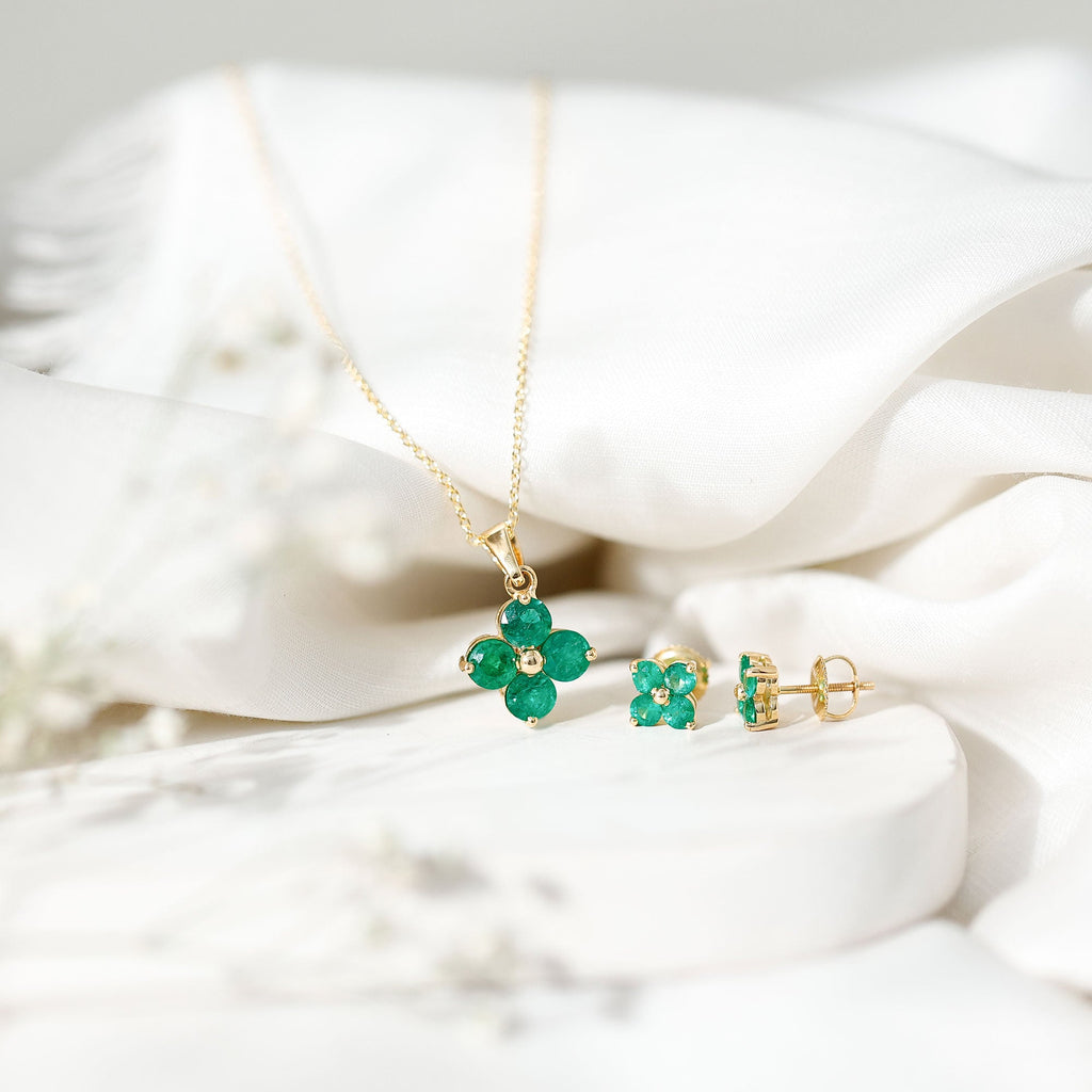 Natural Emerald Clover Jewelry Set for Women