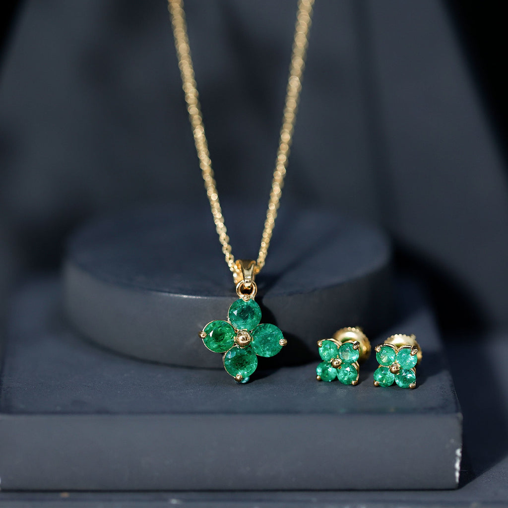 Natural Emerald Clover Jewelry Set for Women
