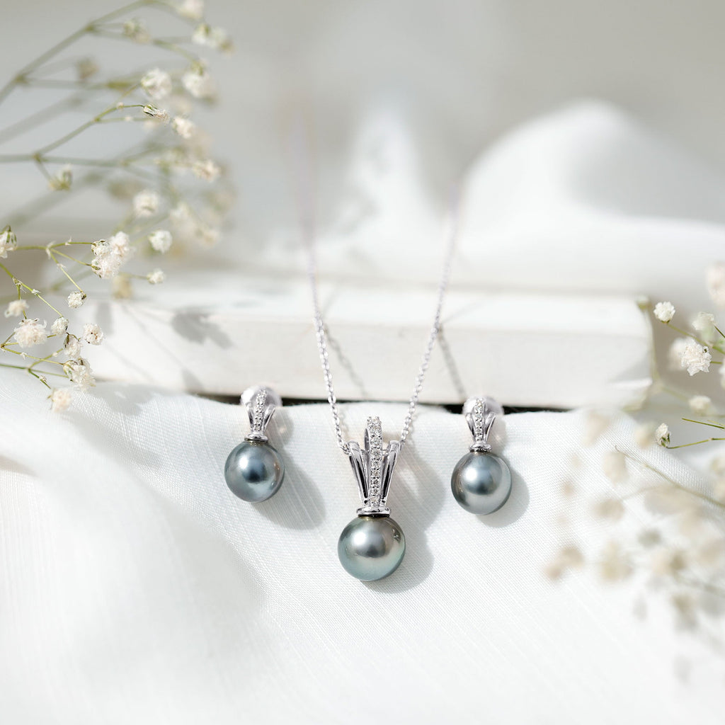 Genuine Tahitian Pearl and Diamond Drop Necklace Earrings Set