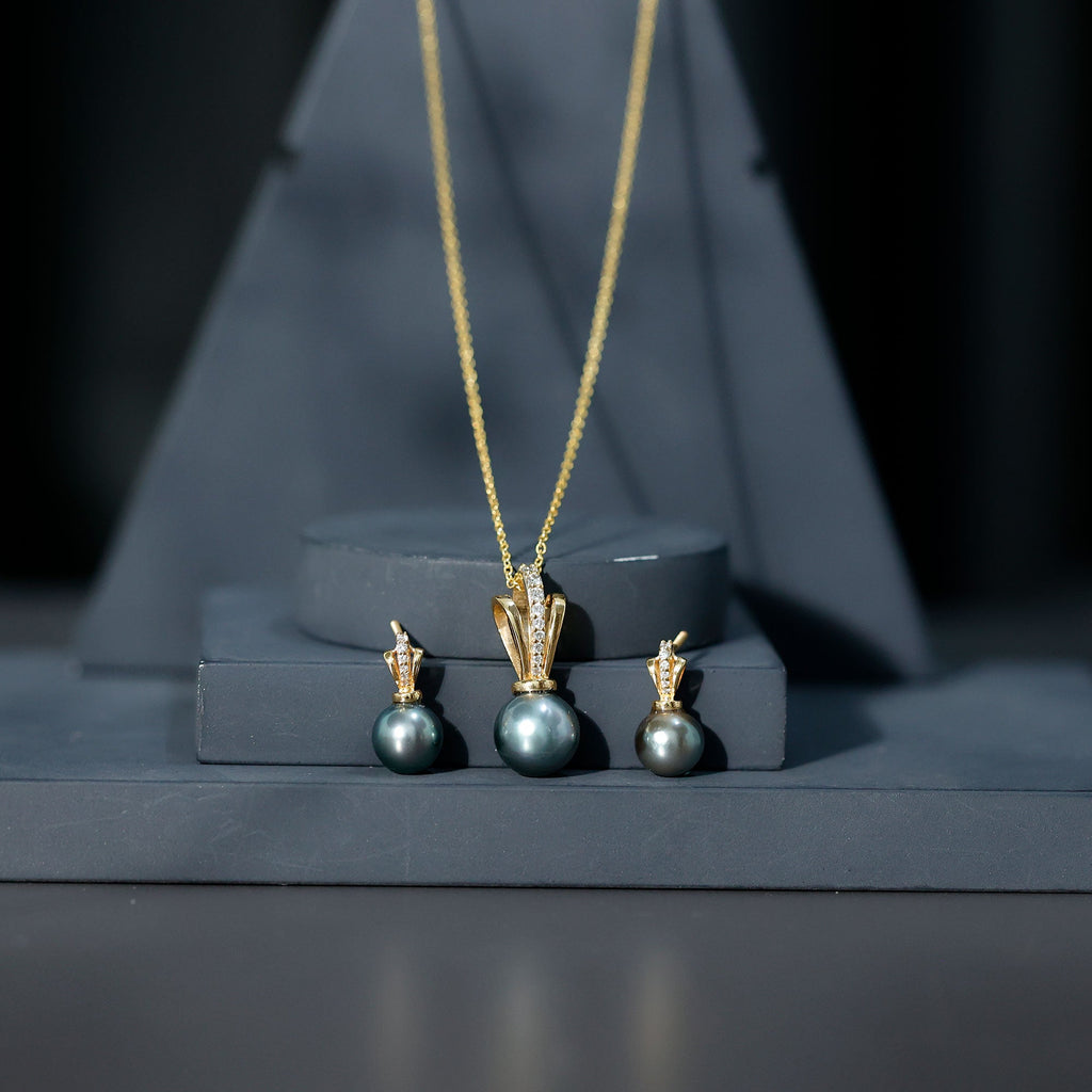 Genuine Tahitian Pearl and Diamond Drop Necklace Earrings Set