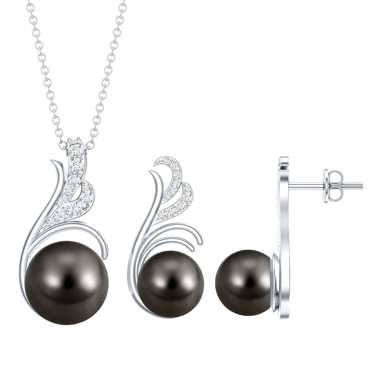 Designer Tahitian Black Pearl Necklace and Earrings Set with Diamond