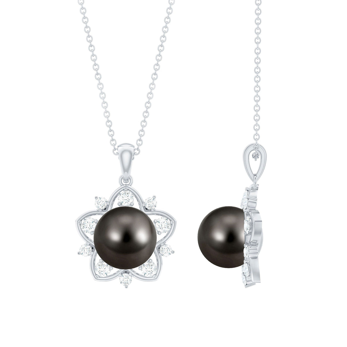 Real Tahitian Pearl and Diamond Star Pendant Necklace With Chain