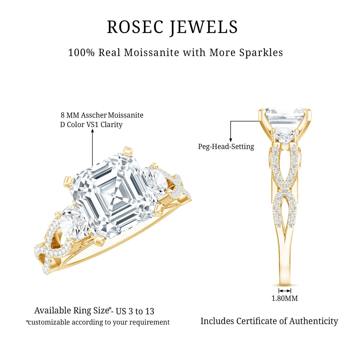 Asscher Cut Certified Moissanite Vintage Looking Engagement Ring