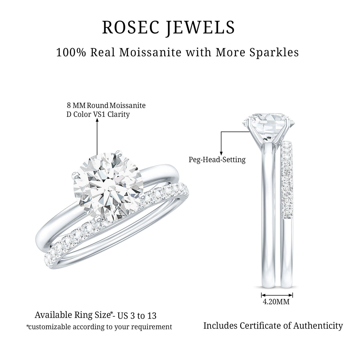 Round Shape Moissanite Solitaire Wedding Ring Set