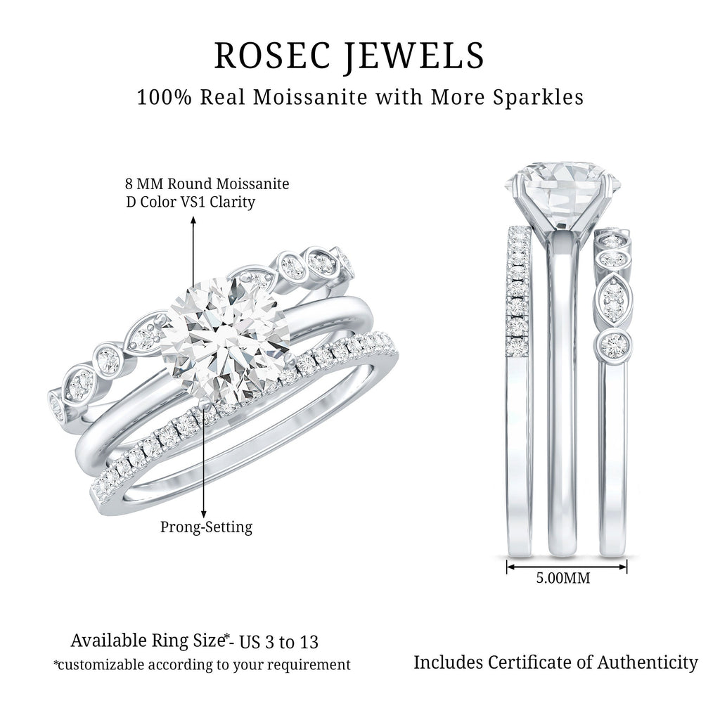 Round shape Solitaire Moissanite Trio Wedding Ring Set