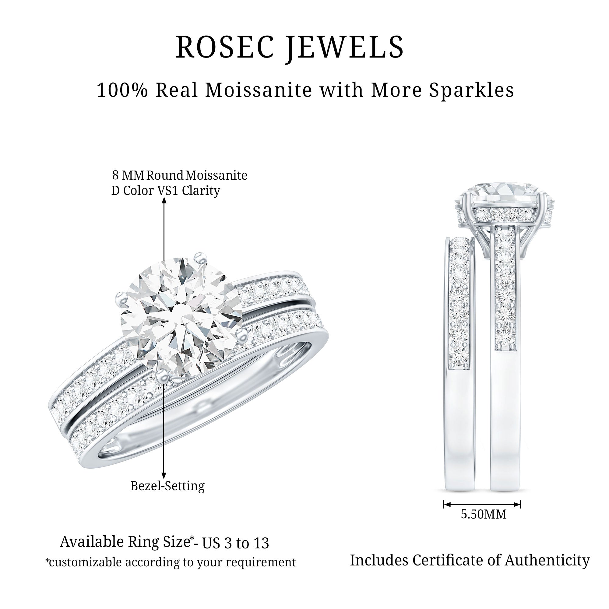 Certified 3 Carat Moissanite Wedding Bridal Ring Set in Sterling Silver