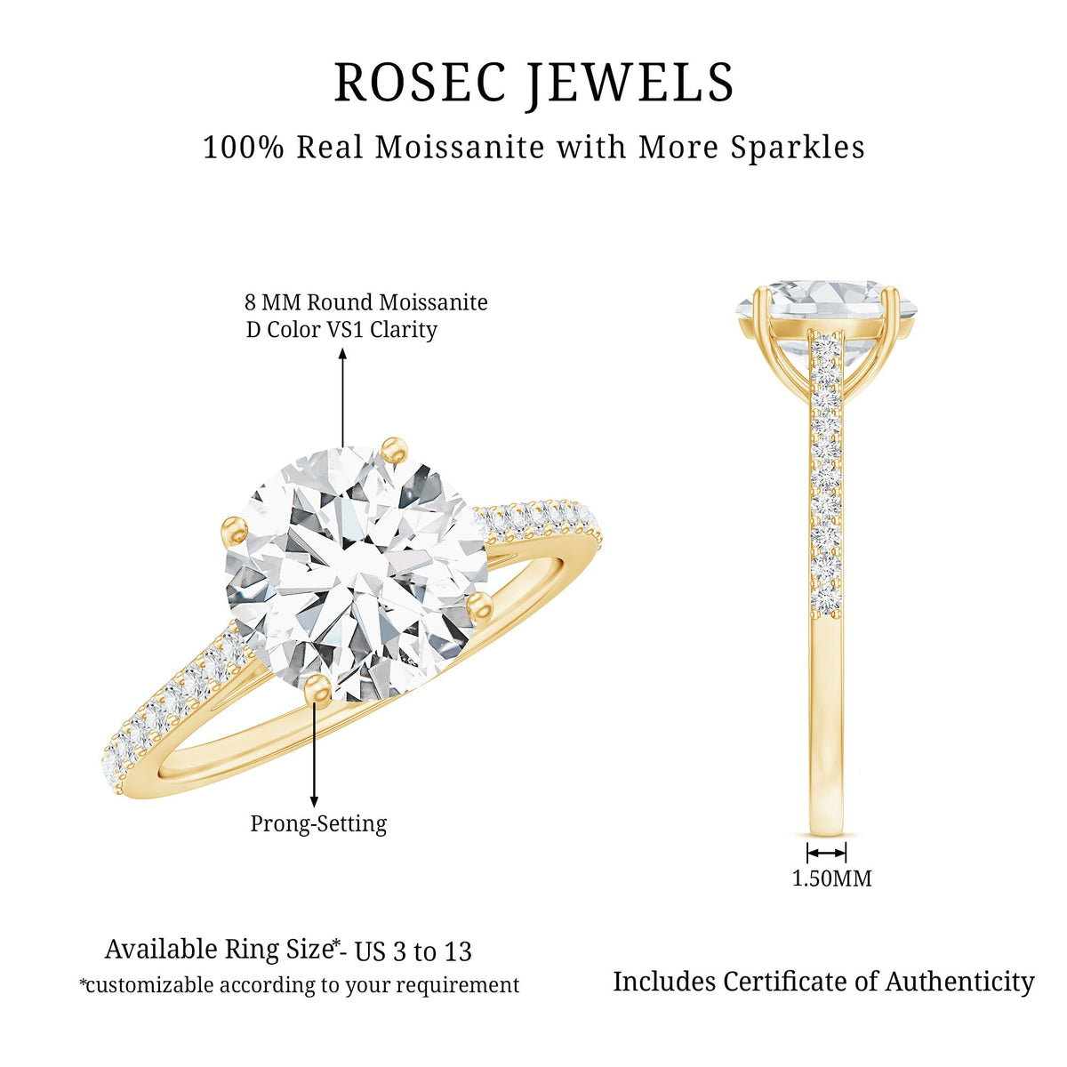 Certified Moissanite Round Cut Solitaire Ring with Side Stones