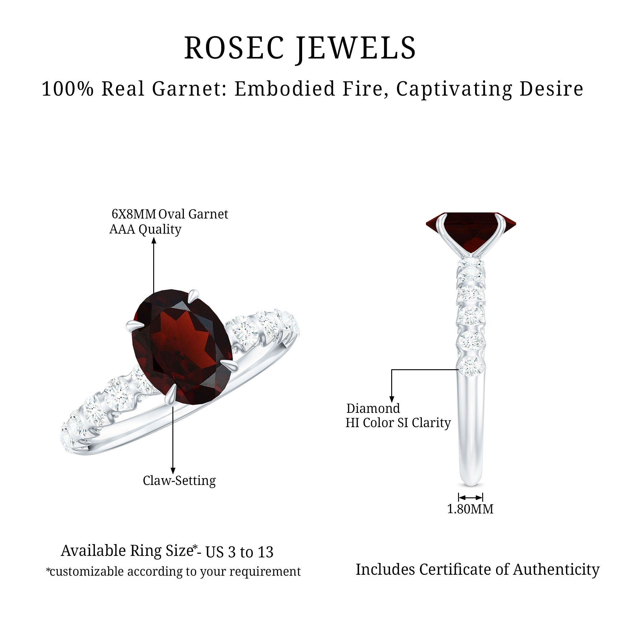 Certified Natural Garnet Oval Engagement Ring with Diamond Side Stones