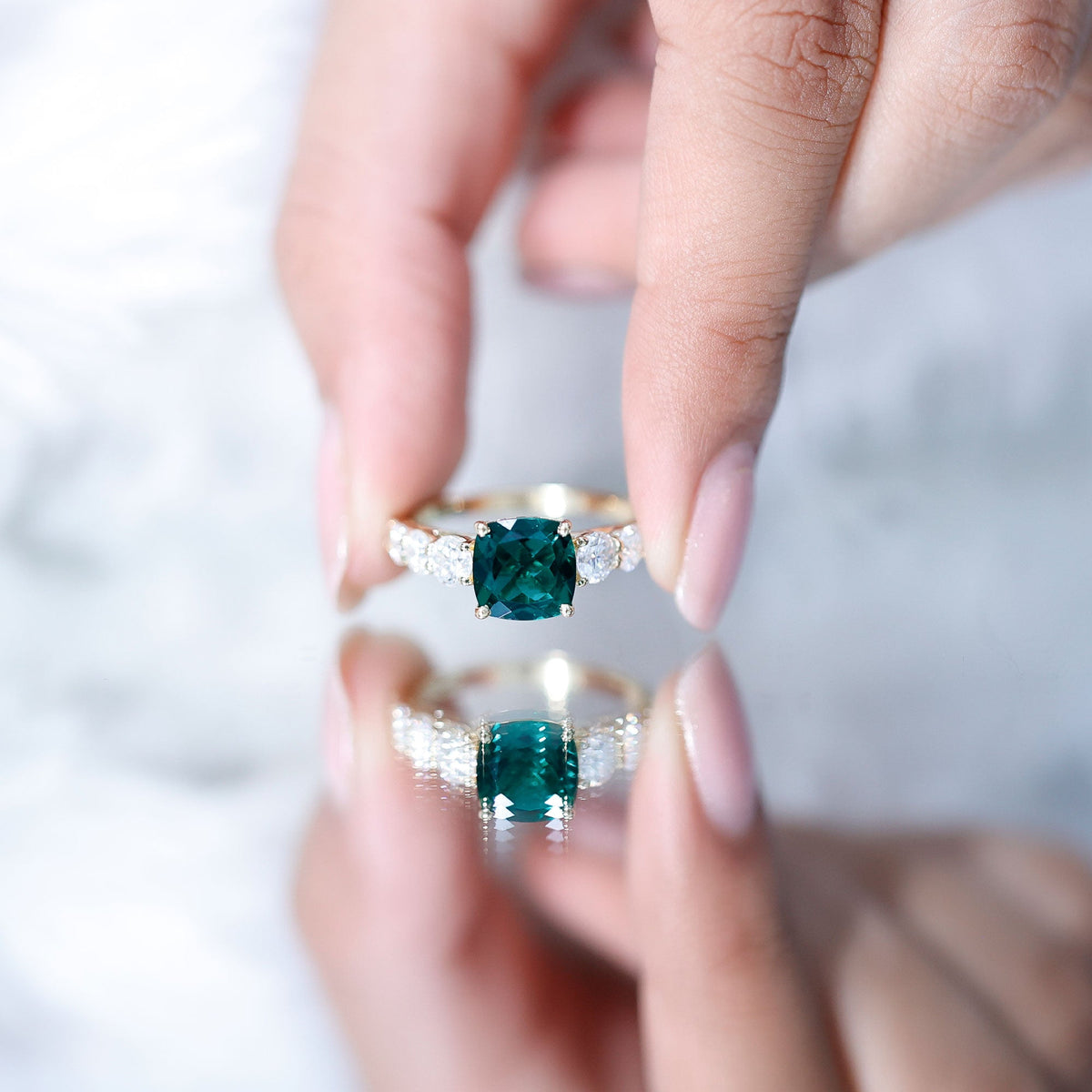 Lab Grown Emerald 2 Carat Cushion Engagement Ring with Moissanite Side Stones