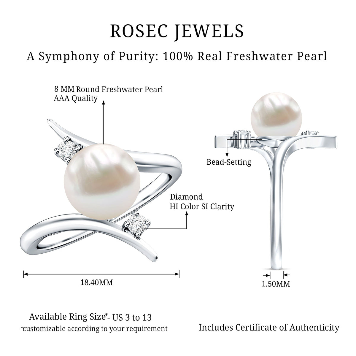 Cultured 7.4 Carat Freshwater Pearl Engagement Ring with Diamond Bypass Shank